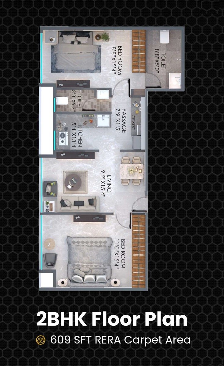Floor plan of 2 BHK 609 Sq. Ft. Apartment in Queenstown Springs, Navi Mumbai