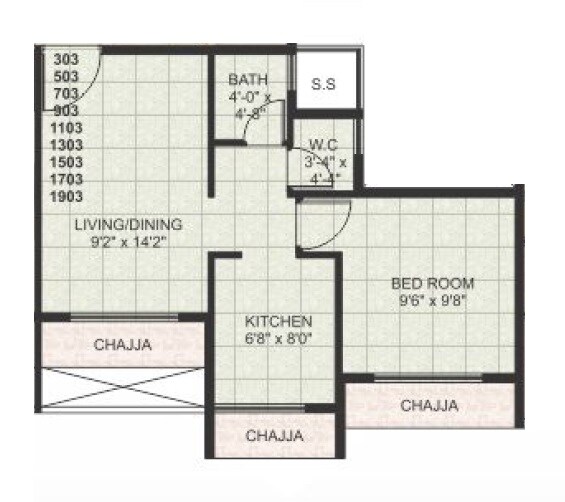 Floor plan of 1 BHK 340 Sq. Ft. Apartment in R D Parvati Garden, Navi Mumbai