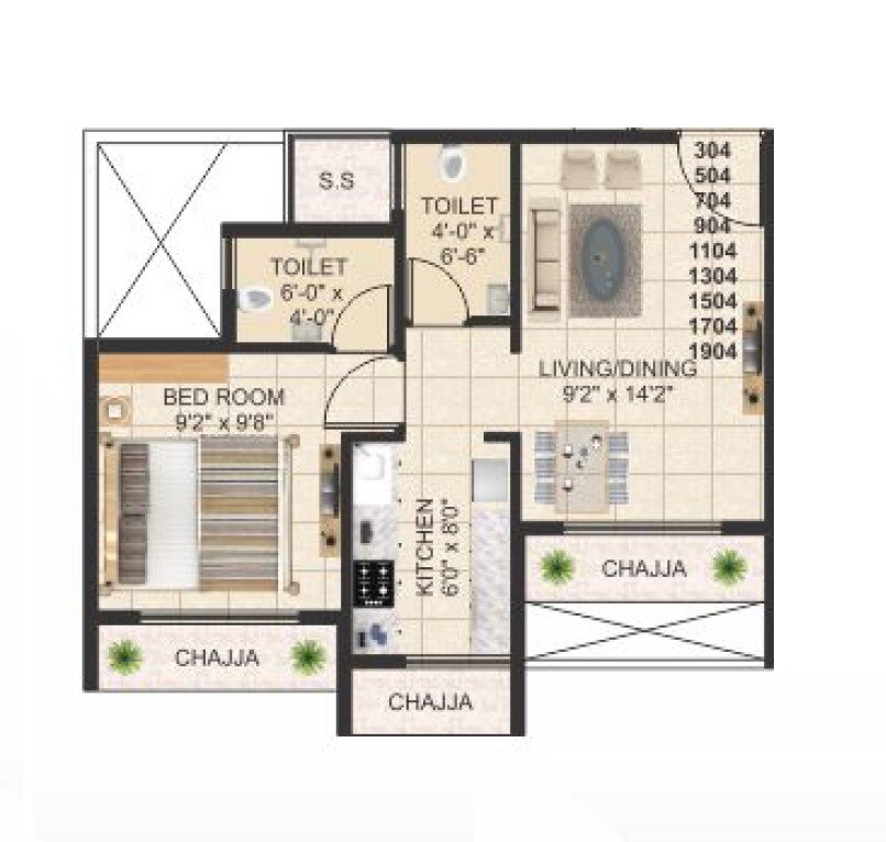 Floor plan of 1 BHK 343 Sq. Ft. Apartment in R D Parvati Garden, Navi Mumbai