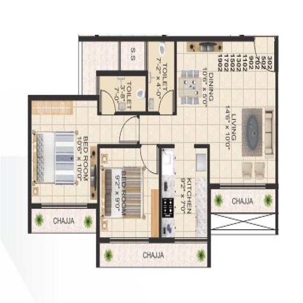 Floor plan of 2 BHK 441 Sq. Ft. Apartment in R D Parvati Garden, Navi Mumbai