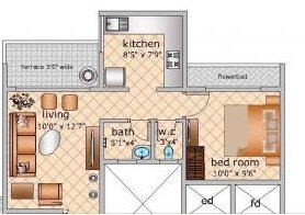 Floor plan of 1 BHK 656 Sq. Ft. Apartment in R s Residency, Navi Mumbai
