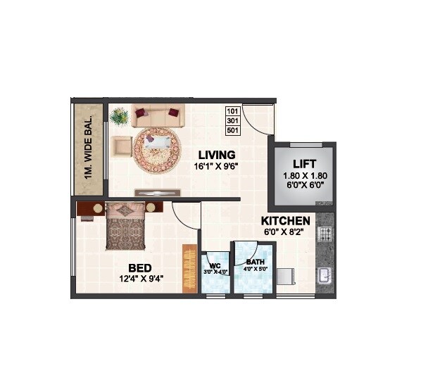 Floor plan of 1 BHK 405 Sq. Ft. Apartment in Rachana Lakshmi, Navi Mumbai
