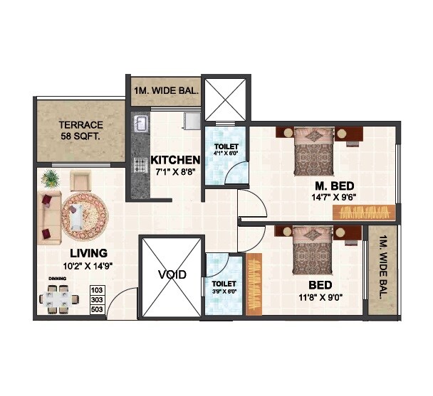 Floor plan of 2 BHK 575 Sq. Ft. Apartment in Rachana Lakshmi, Navi Mumbai