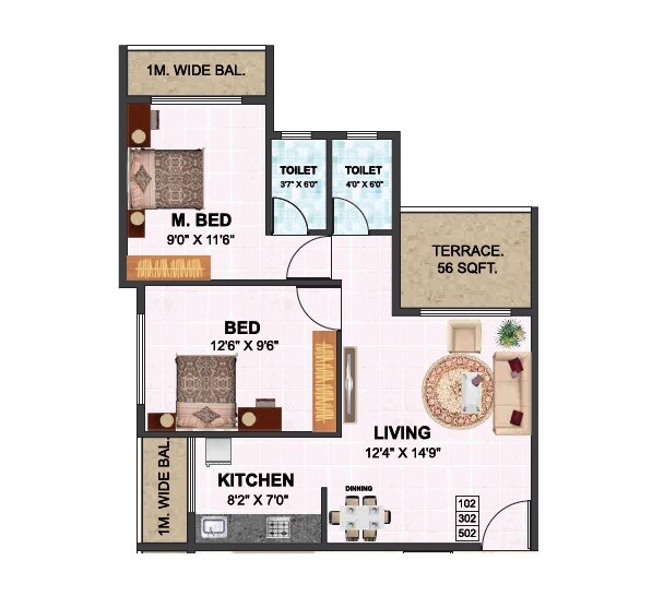 Floor plan of 2 BHK 578 Sq. Ft. Apartment in Rachana Lakshmi, Navi Mumbai
