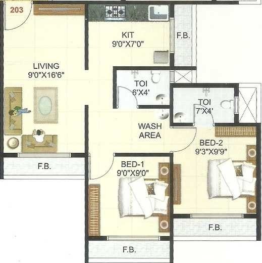 Floor plan of 2 BHK 1080 Sq. Ft. Apartment in Rachana Residency, Navi Mumbai