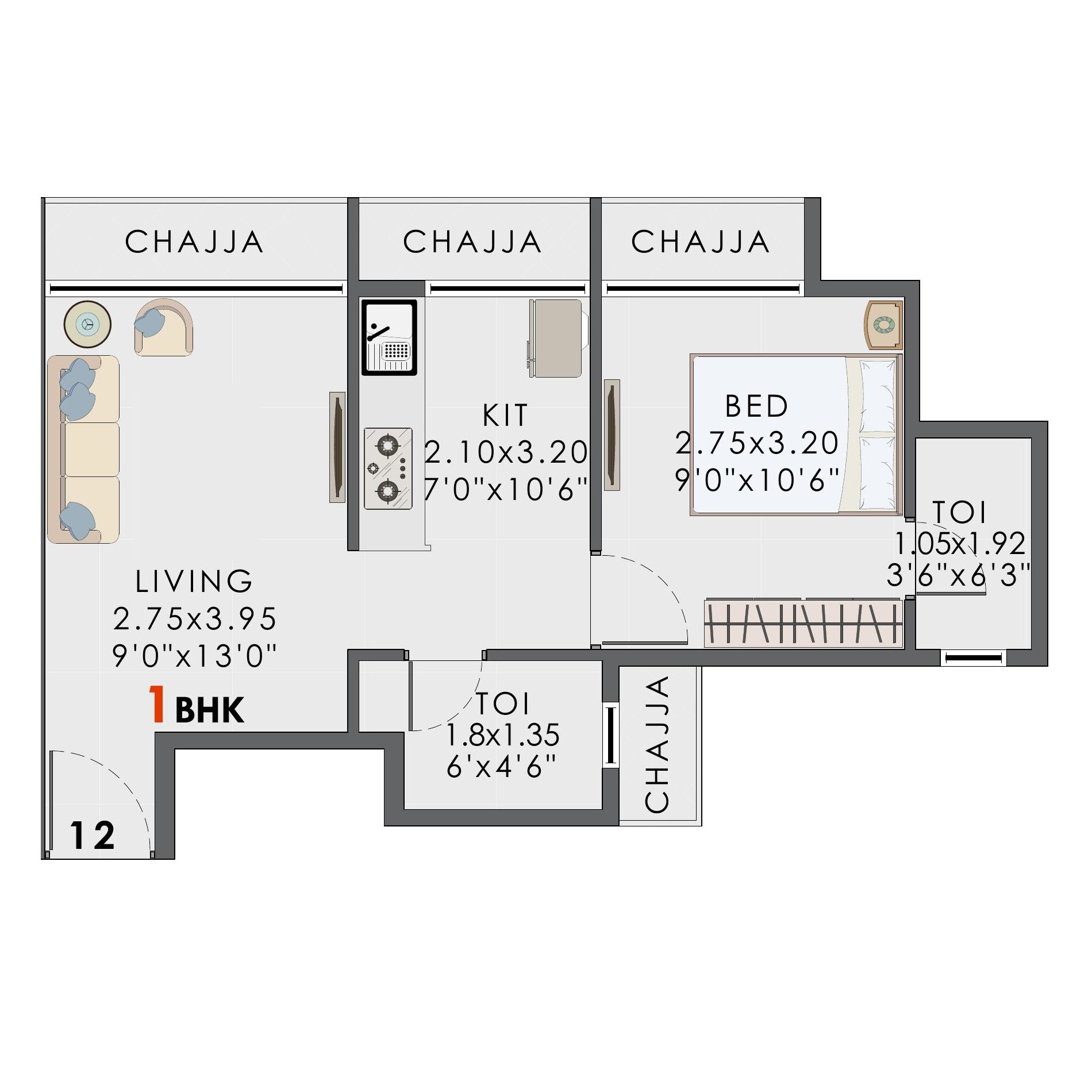 Floor plan of 1 BHK 359 Sq. Ft. Apartment in Rachana Vista, Navi Mumbai