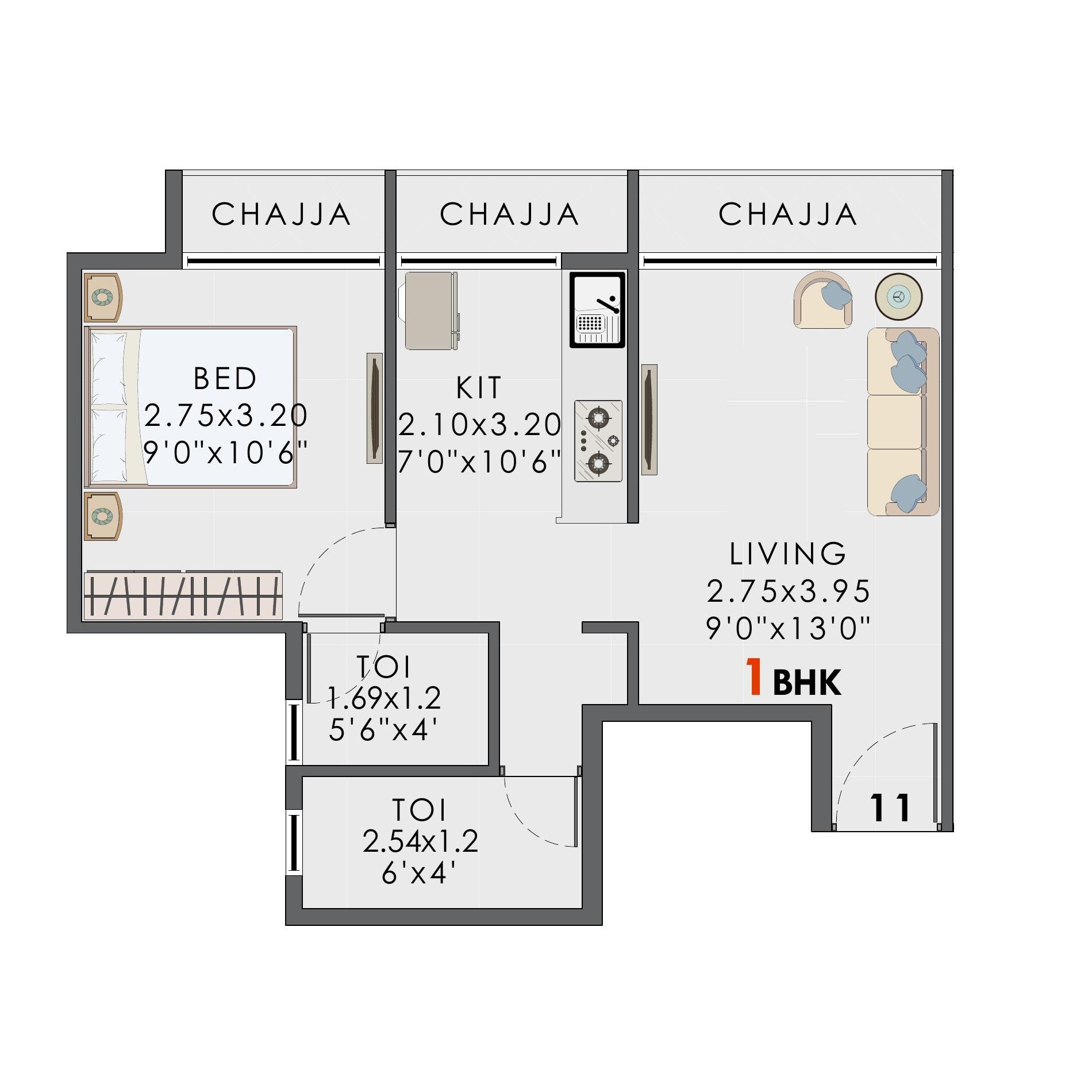 1 BHK 378 Sq. Ft. Apartment