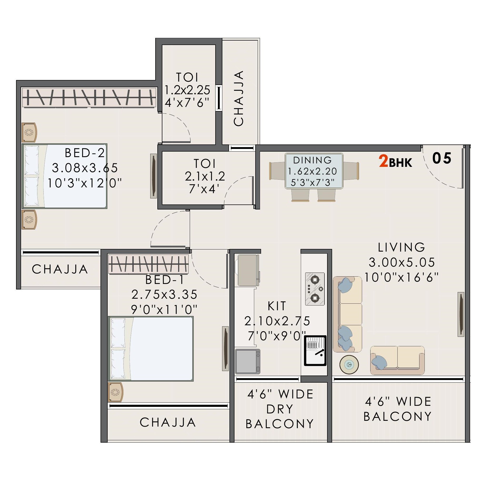 2 BHK 502 Sq. Ft. Apartment