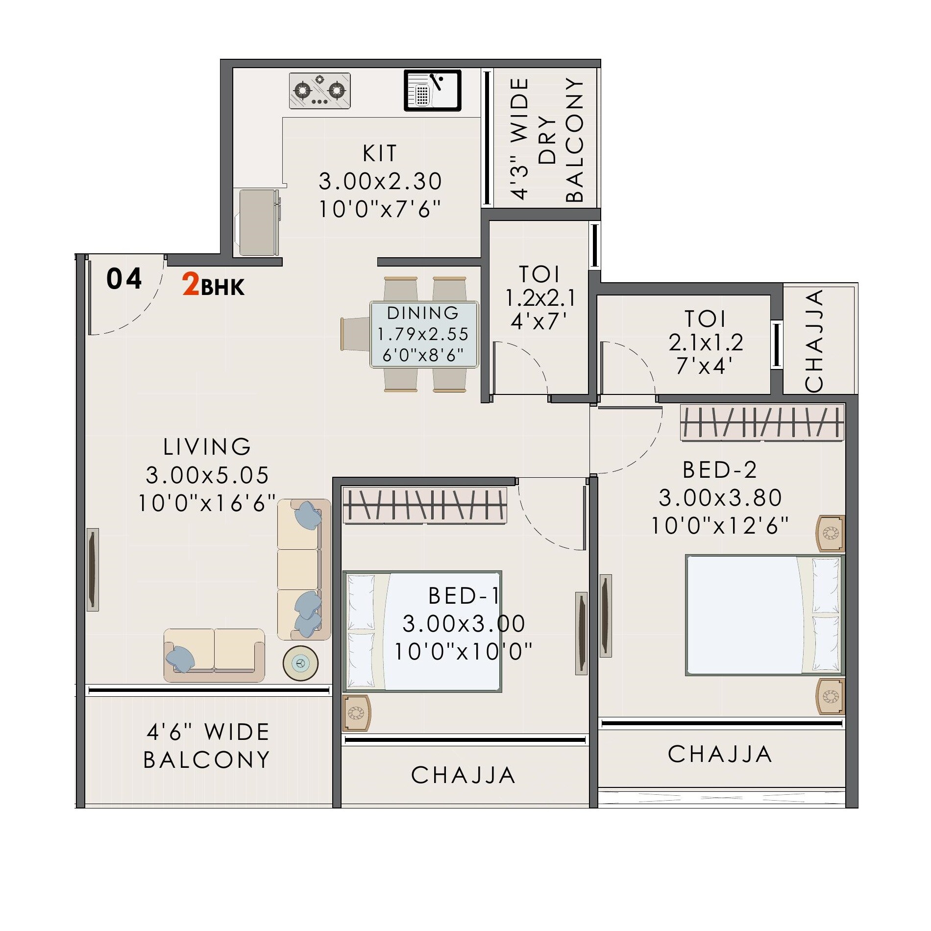 Floor plan of 2 BHK 621 Sq. Ft. Apartment in Rachana Vista, Navi Mumbai
