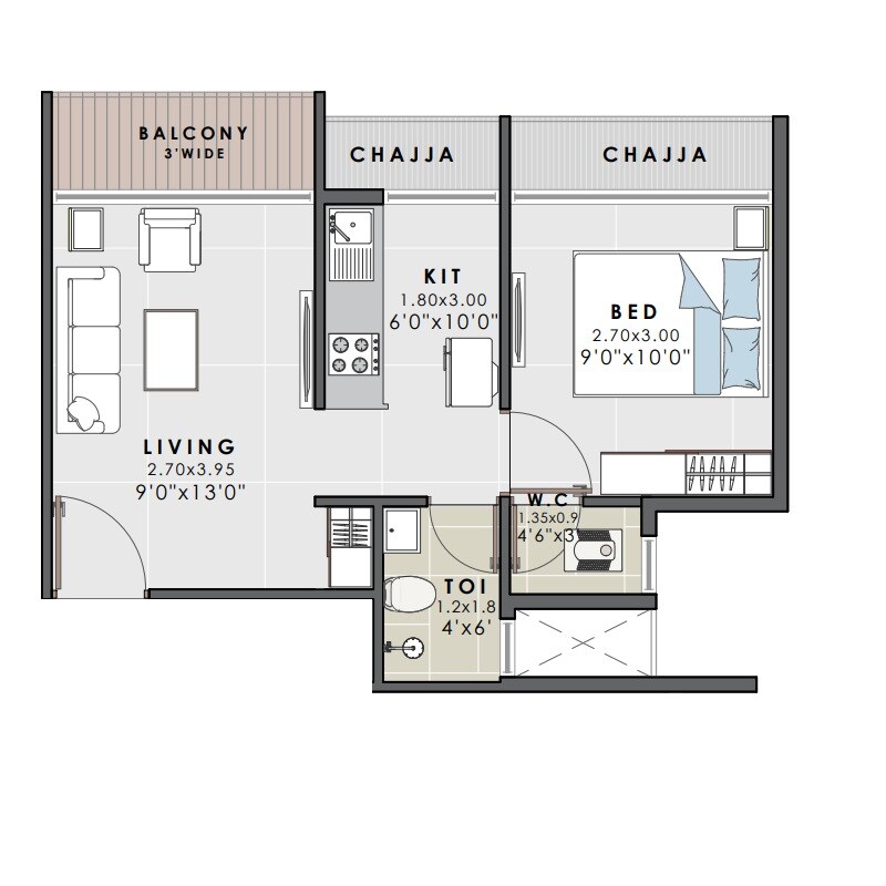 Floor plan of 1 BHK 297 Sq. Ft. Apartment in Radhe Krishna Nagari, Navi Mumbai
