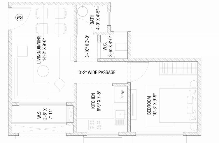 Floor plan of 1 BHK 391 Sq. Ft. Apartment in Radhey Galaxy, Navi Mumbai