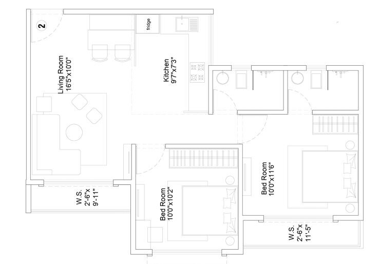 Floor plan of 2 BHK 520 Sq. Ft. Apartment in Radhey Galaxy, Navi Mumbai