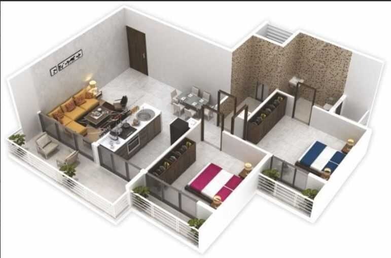 Floor plan of 2 BHK 1050 Sq. Ft. Apartment in Radiant Ravi Rachna, Navi Mumbai