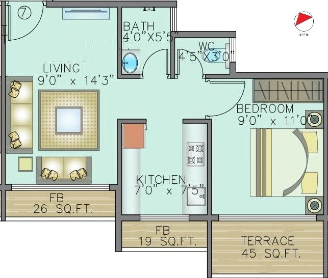 Floor plan of 1 BHK 260 Sq. Ft. Apartment in Radiant Sapphire, Navi Mumbai