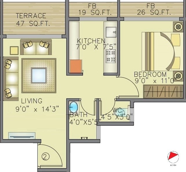 Floor plan of 1 BHK 288 Sq. Ft. Apartment in Radiant Sapphire, Navi Mumbai