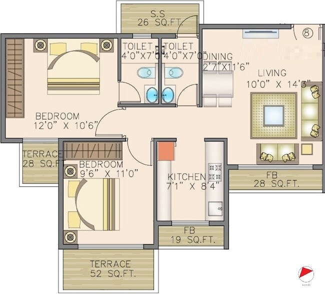 Floor plan of 2 BHK 472 Sq. Ft. Apartment in Radiant Sapphire, Navi Mumbai