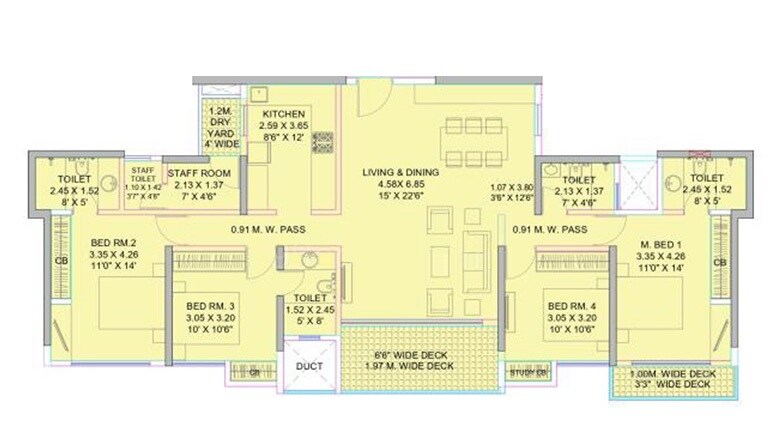 Floor plan of 4 BHK 1382 Sq. Ft. Apartment in Raheja Solaris, Navi Mumbai