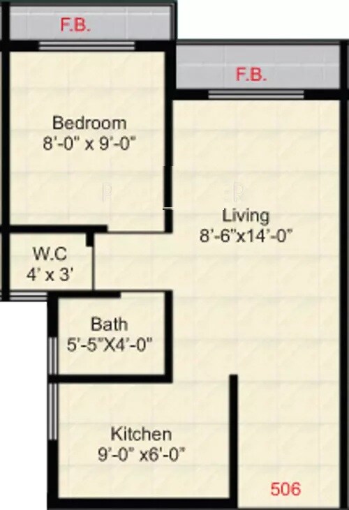 Floor plan of 1 BHK 515 Sq. Ft. Apartment in Raj Radha Balkrishna Niwas, Navi Mumbai