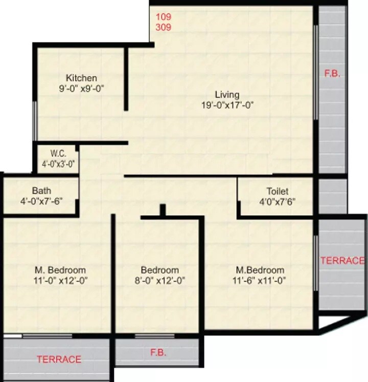 Floor plan of 3 BHK 1650 Sq. Ft. Apartment in Raj Radha Balkrishna Niwas, Navi Mumbai
