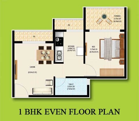 Floor plan of 1 BHK 378 Sq. Ft. Apartment in Raj Sharon Garden, Navi Mumbai