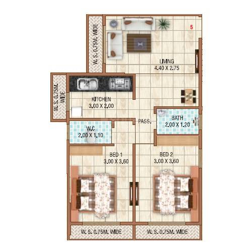 Floor plan of 2 BHK 574 Sq. Ft. Apartment in Raj Shree Vaastu, Navi Mumbai