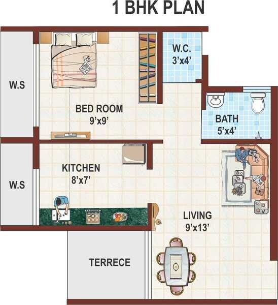 Floor plan of 1 BHK 243 Sq. Ft. Apartment in Raj Tulsi Kalash City, Navi Mumbai