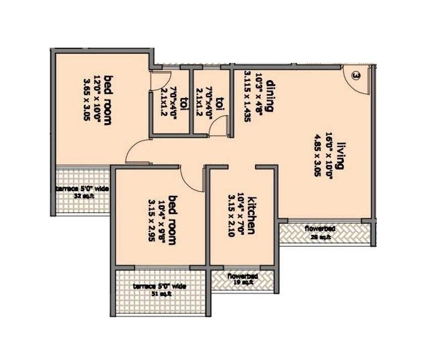 Floor plan of 2 BHK 434 Sq. Ft. Apartment in Rajesh Presidency, Navi Mumbai