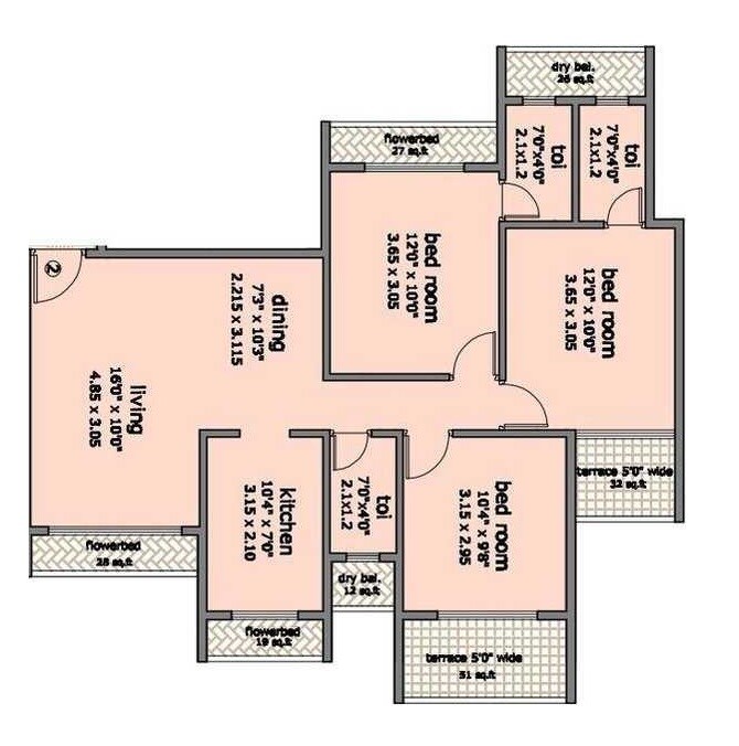 Floor plan of 3 BHK 715 Sq. Ft. Apartment in Rajesh Presidency, Navi Mumbai
