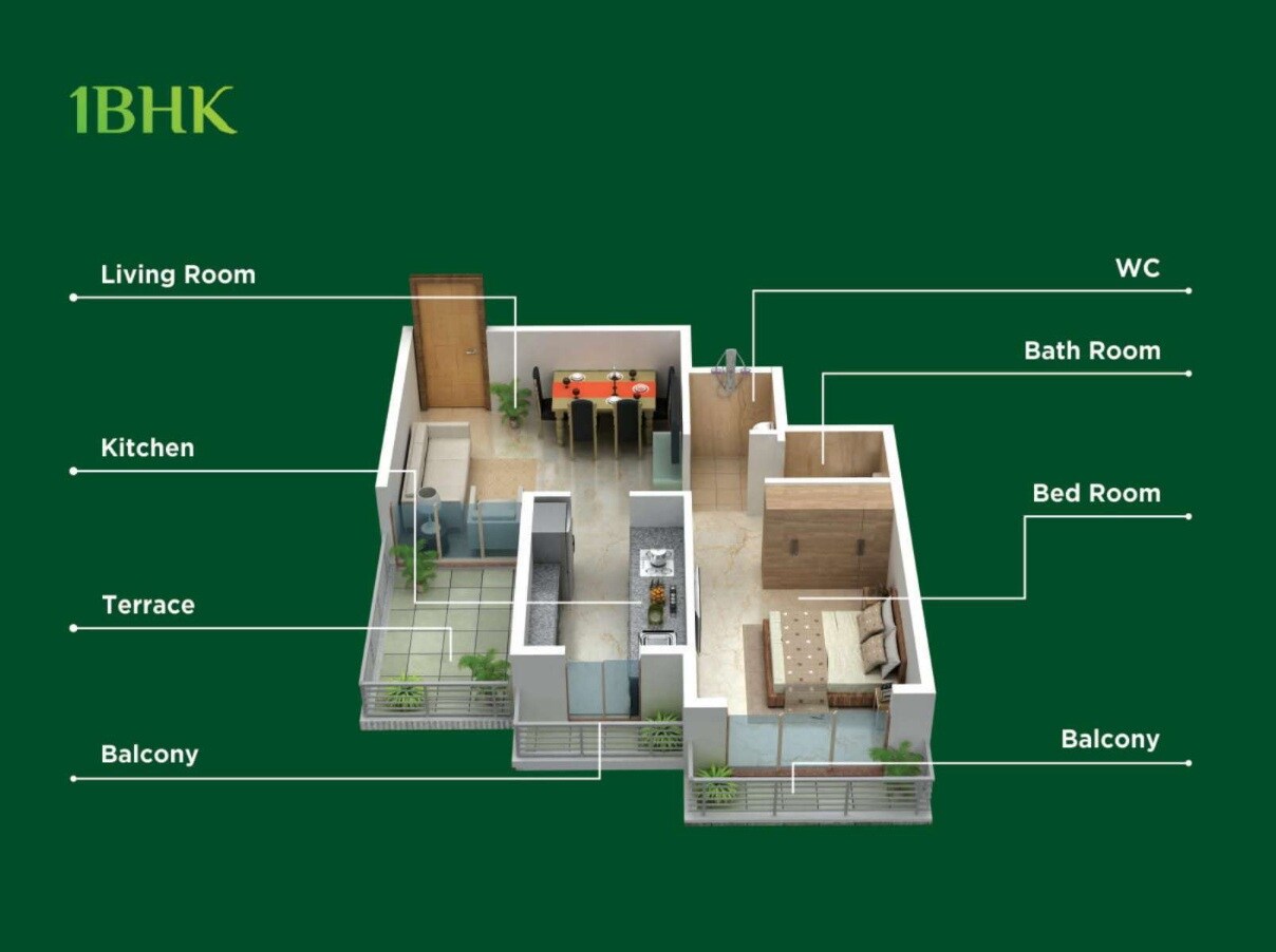 Floor plan of 1 BHK 352 Sq. Ft. Apartment in Ratneshwar Happy Homes, Navi Mumbai