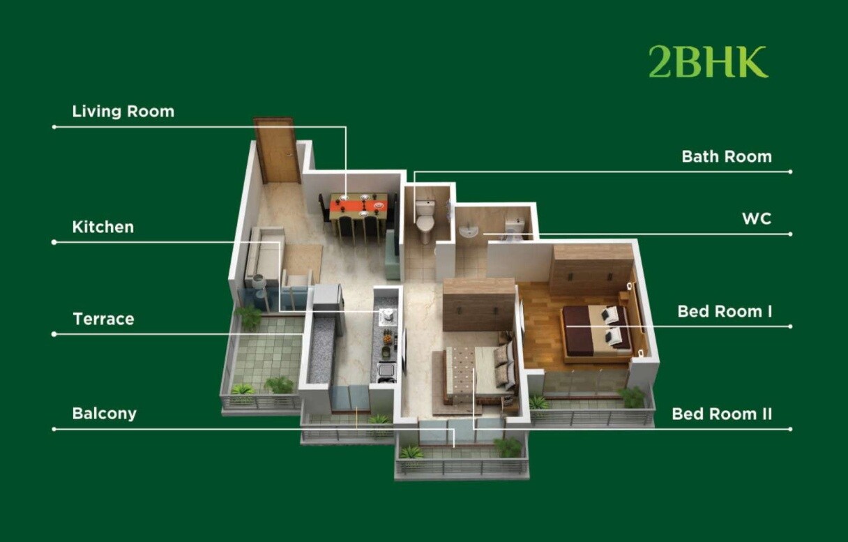 Floor plan of 2 BHK 512 Sq. Ft. Apartment in Ratneshwar Happy Homes, Navi Mumbai