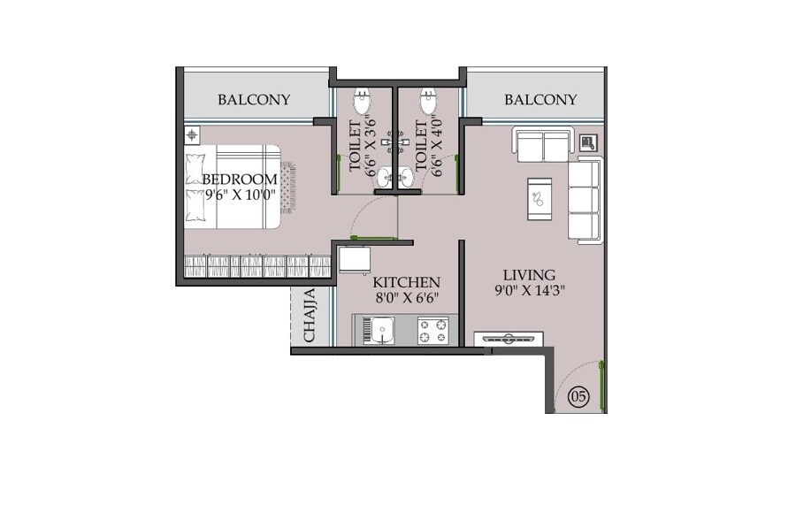 Floor plan of 1 BHK 354 Sq. Ft. Apartment in Ravechi Aaiji Infinity, Navi Mumbai