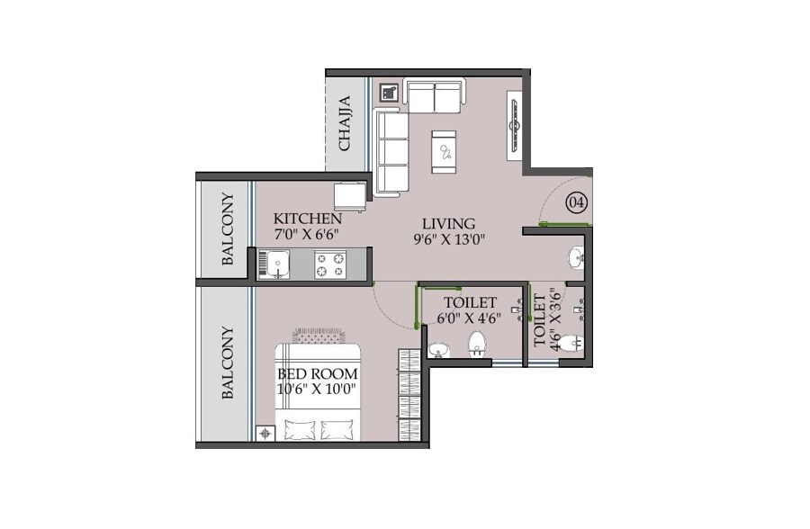 Floor plan of 1 BHK 376 Sq. Ft. Apartment in Ravechi Aaiji Infinity, Navi Mumbai
