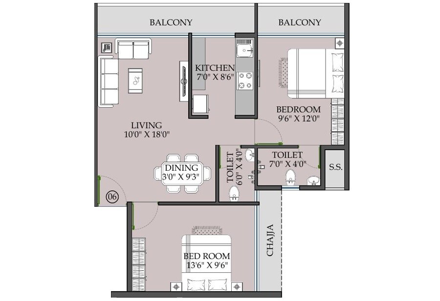 Floor plan of 2 BHK 593 Sq. Ft. Apartment in Ravechi Aaiji Infinity, Navi Mumbai