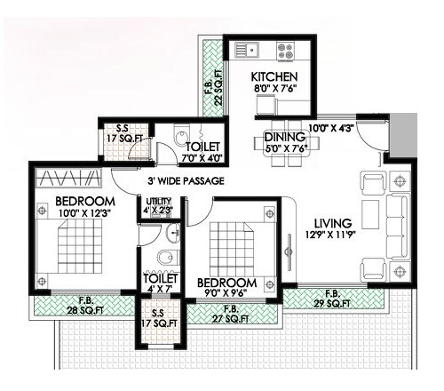 Floor plan of 1 BHK 323 Sq. Ft. Apartment in Ravechi Nirmal Heights, Navi Mumbai