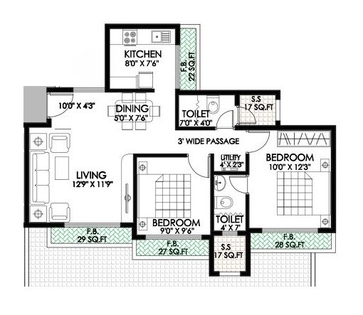 Floor plan of 2 BHK 558 Sq. Ft. Apartment in Ravechi Nirmal Heights, Navi Mumbai