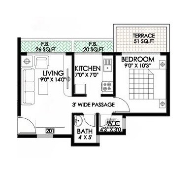 Floor plan of 3 BHK 579 Sq. Ft. Apartment in Ravechi Nirmal Heights, Navi Mumbai