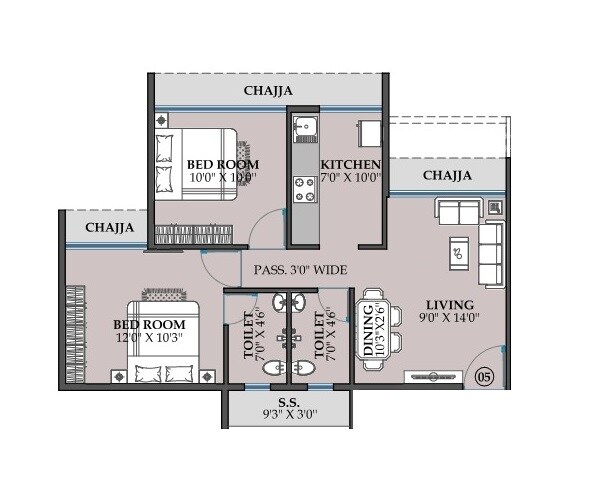 Floor plan of 2 BHK 553 Sq. Ft. Apartment in Ravechi Pyramid 24, Navi Mumbai