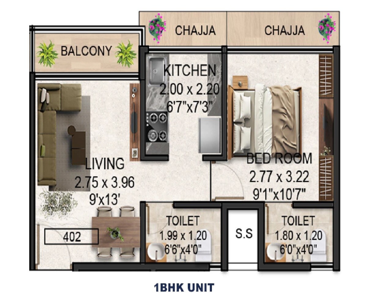 1 BHK 351 Sq. Ft. Apartment