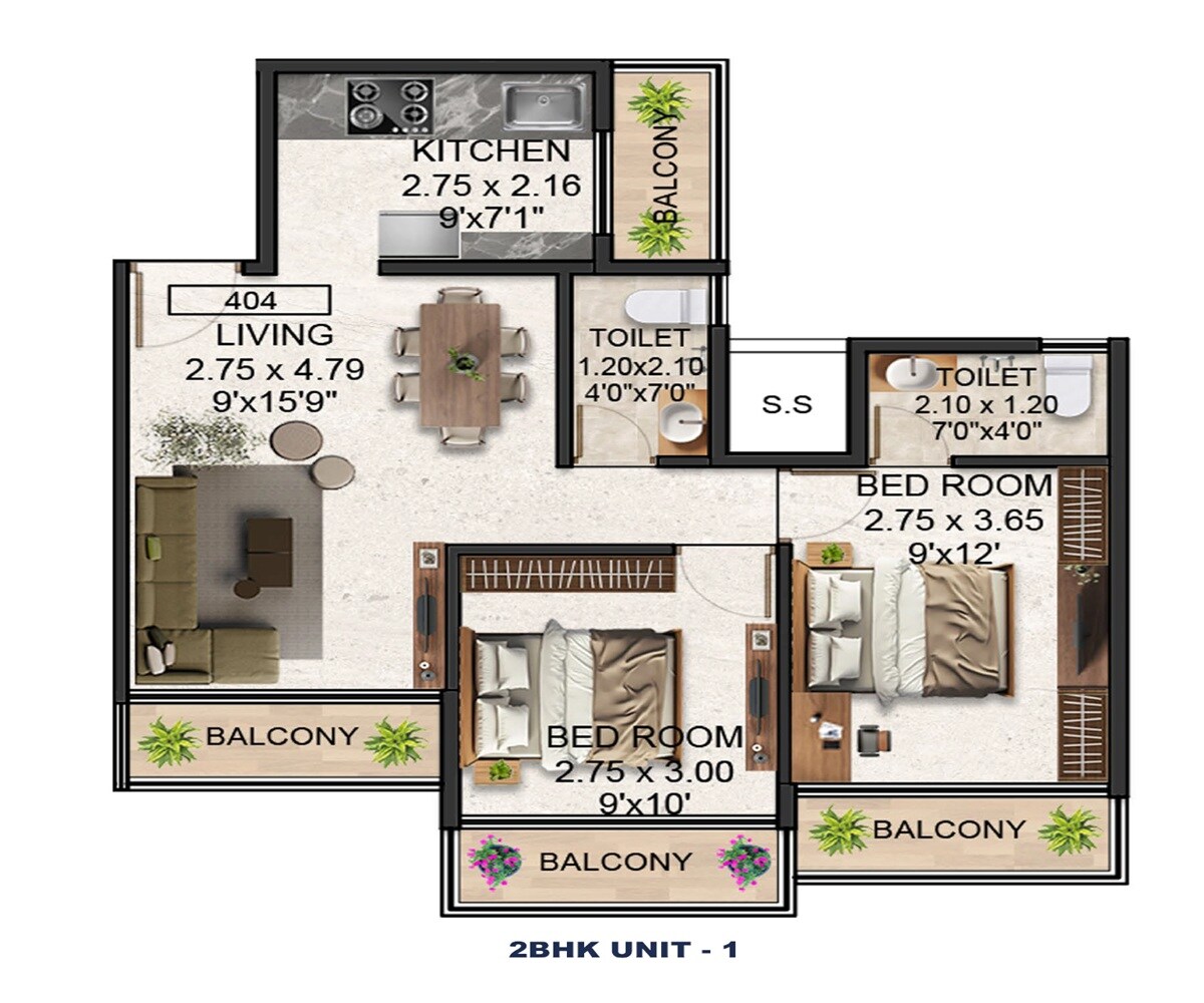2 BHK 518 Sq. Ft. Apartment
