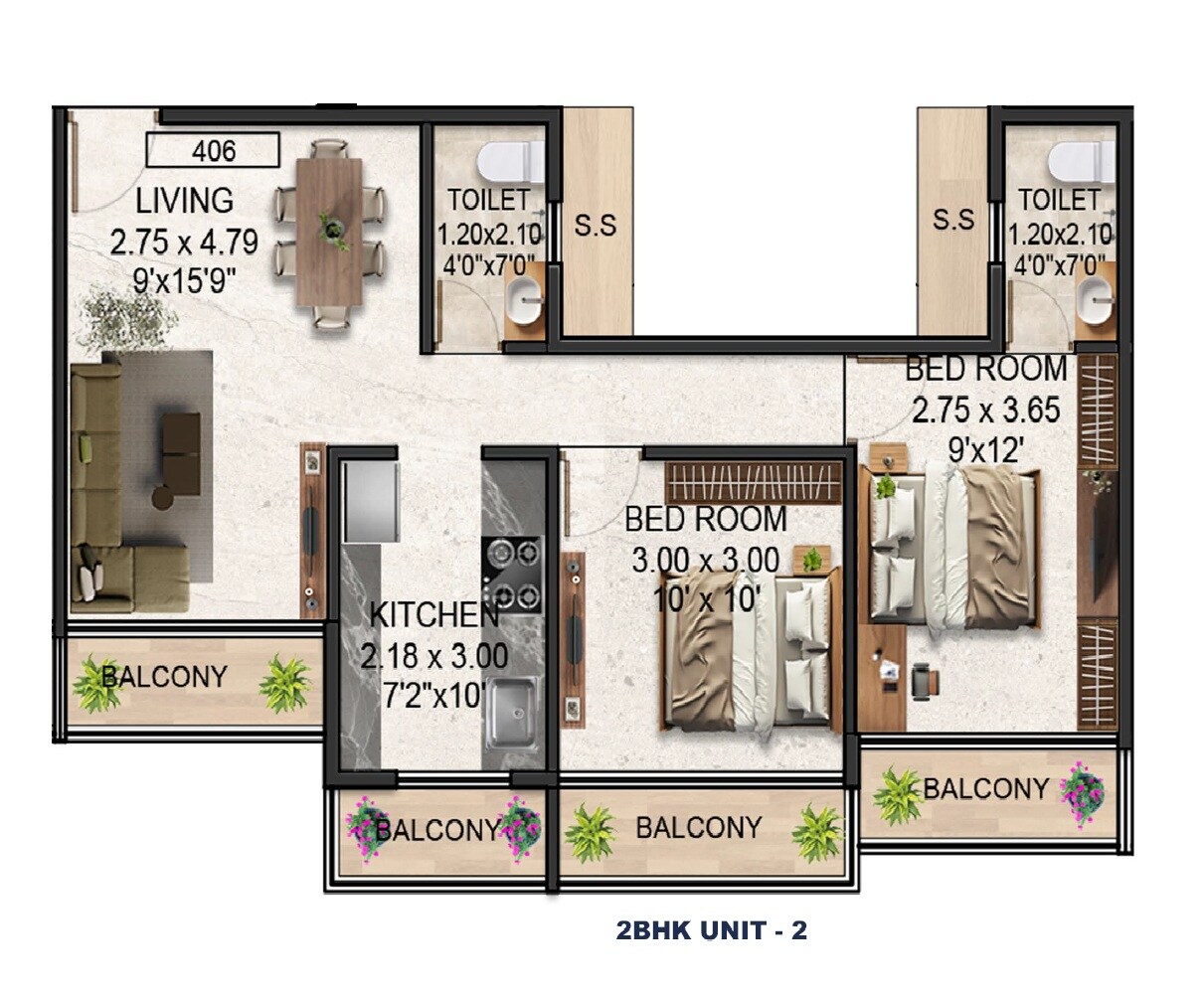 2 BHK 561 Sq. Ft. Apartment