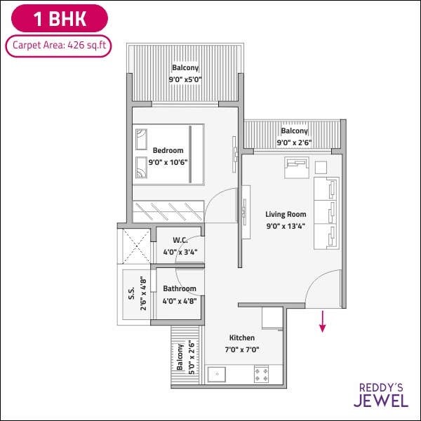 Floor plan of 1 BHK 426 Sq. Ft. Apartment in Reddys Jewel, Navi Mumbai