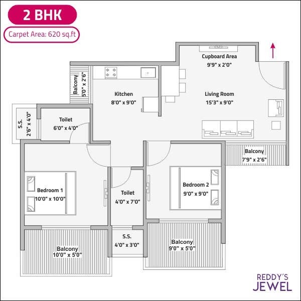 Floor plan of 2 BHK 620 Sq. Ft. Apartment in Reddys Jewel, Navi Mumbai