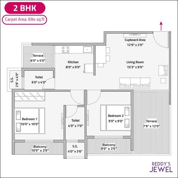 Floor plan of 2 BHK 694 Sq. Ft. Apartment in Reddys Jewel, Navi Mumbai