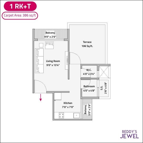 Floor plan of 386 Sq. Ft. Studio in Reddys Jewel, Navi Mumbai