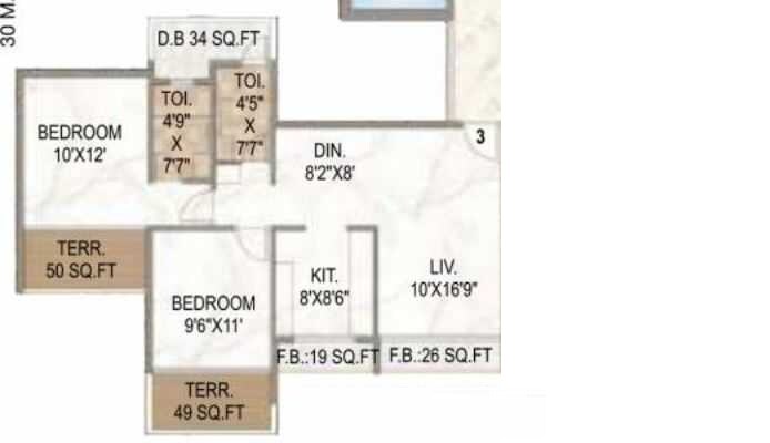 Floor plan of 2 BHK 1193 Sq. Ft. Apartment in Regency Elanza, Navi Mumbai