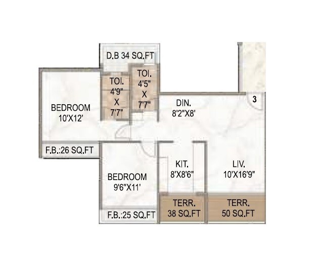 Floor plan of 2 BHK 536 Sq. Ft. Apartment in Regency Ellanza, Navi Mumbai