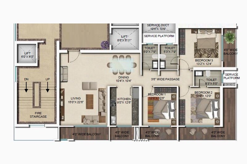 Floor plan of 3 BHK 1323 Sq. Ft. Apartment in Regency Palms, Navi Mumbai