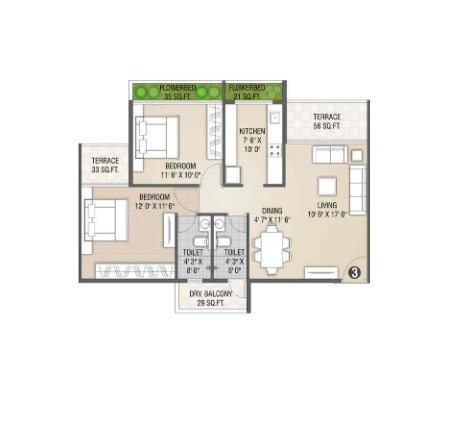 Floor plan of 2 BHK 478 Sq. Ft. Apartment in Rehab Balaji Delta Tower 2, Navi Mumbai