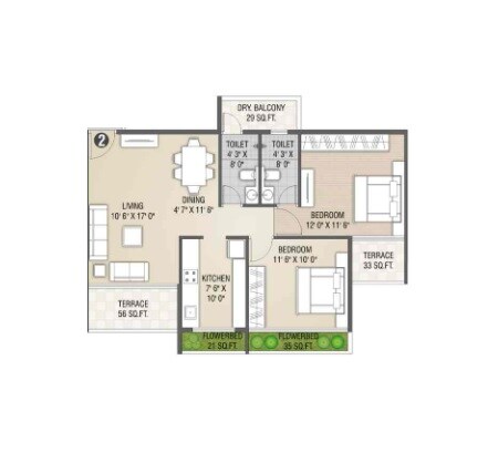 Floor plan of 2 BHK 597 Sq. Ft. Apartment in Rehab Balaji Delta Tower 2, Navi Mumbai