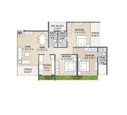 Floor plan of 3 BHK 691 Sq. Ft. Apartment in Rehab Balaji Delta Tower 2, Navi Mumbai